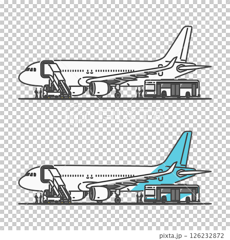 Stock Illustration: Domestic and short-distance passenger aircraft, parking areas, open spots, boarding at offshore stops and bus gates 126232872