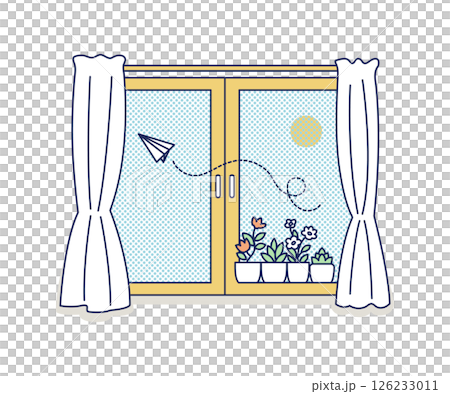 Color illustration of a window with potted plants on the windowsill 126233011