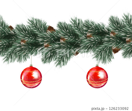 Hand-drawn seamless border featuring pine branches, cones, and red ornaments, perfect for Christmas decor, holiday greeting cards, and festive frames. 126233092