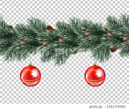 Hand-drawn seamless border featuring pine branches, cones, and red ornaments, perfect for Christmas decor, holiday greeting cards, and festive frames. 126233092