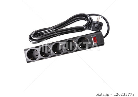 Modern black electrical filter with socket connectors on white background, isolate. 126233778