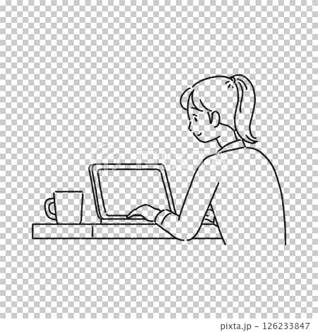 ノートパソコンを操作する女性　線画 126233847