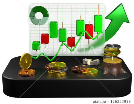 株価上昇とグラフとお金のミニチュアイメージ　透過 126233958