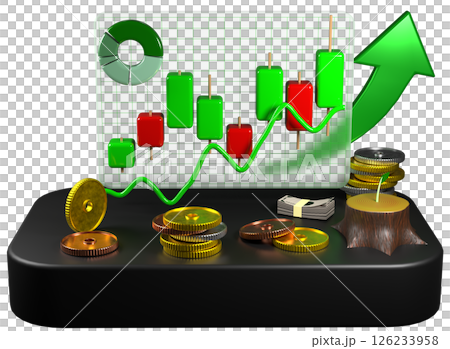 株価上昇とグラフとお金のミニチュアイメージ　透過 126233958