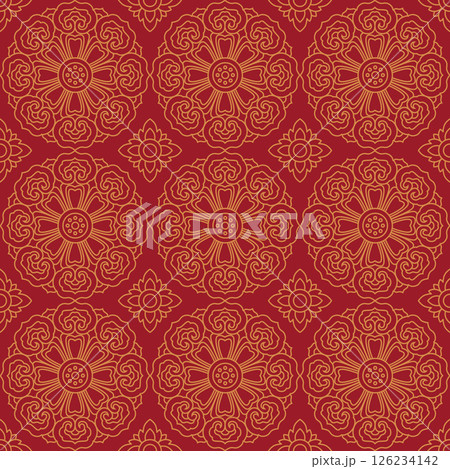 Red and Gold Ornamental Seamless Pattern with Buddhist Motifs 126234142
