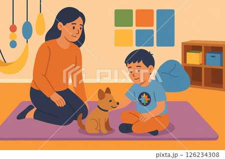 発達支援施設で犬と触れ合いながら過ごす子どもとスタッフ 発達支援施設で犬と触れ合いながら過ごす子どもとスタッフ 126234308