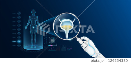 Doctor robot hand holding magnifying glass looking bladder analysis diagnosis with AI artificial intelligence technology. Anatomy hologram of the female body. Innovative medical healthcare. Vector. 126234380