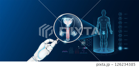 Doctor robot hand holding magnifying glass looking penis analysis diagnosis with AI artificial intelligence technology. Anatomy hologram of the male body. Innovative medical healthcare. Vector. 126234385