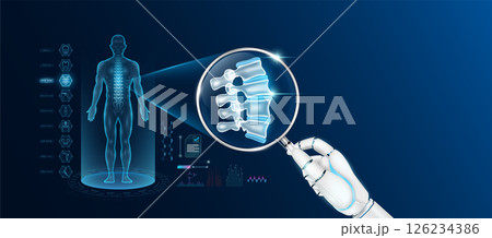 Doctor robot hand holding magnifying glass looking spine analysis diagnosis with AI artificial intelligence technology. Anatomy hologram of the male body. Innovative medical healthcare. Vector. 126234386