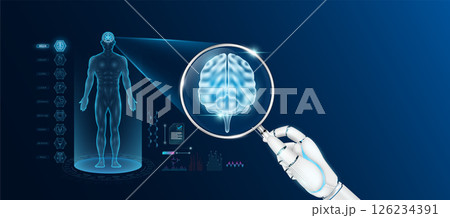 Doctor robot hand holding magnifying glass looking brain analysis and anatomy hologram of the male body. Diagnosis with AI artificial intelligence technology. Innovative medical healthcare. Vector Doctor robot hand holding magnifying glass looking brain analysis and anatomy hologram of the male body. Diagnosis with AI artificial intelligence technology. Innovative medical healthcare. Vector 126234391