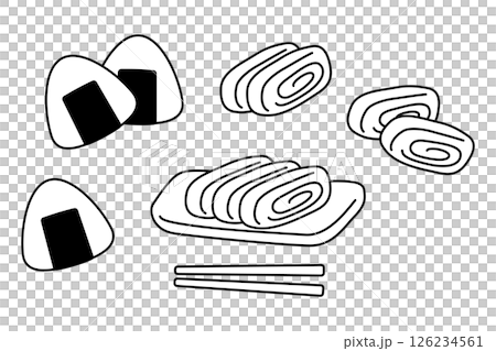 A set of rice balls, tamagoyaki (rolled omelette) and chopsticks A set of rice balls, tamagoyaki (rolled omelette) and chopsticks 126234561