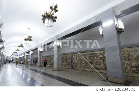 Tinchlik station on Ozbekiston Line . Tashkent metro built in the former USSR, opening in 1977 126234573