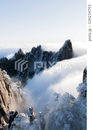 Sunrise on Huangshan, a famous mountain in China 126234703