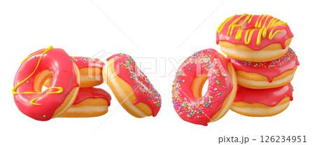 Donuts with red fruit glaze, sprinkles, white drizzle, and dots isolated on white transparent background 126234951