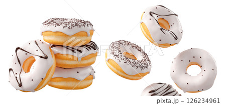 Donuts with white chocolate glaze, sprinkles, white drizzle, and dots isolated on white transparent background Donuts with white chocolate glaze, sprinkles, white drizzle, and dots isolated on white transparent background 126234961