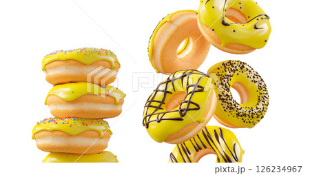 Donuts with yellow lemon glaze, sprinkles, white drizzle, and dots isolated on white transparent background 126234967