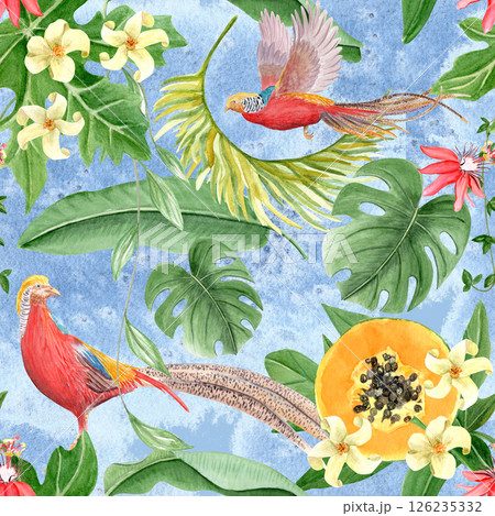 Golden pheasant, passion flower, monstera leaves, tropical foliage, watercolor seamless pattern on blue background. Hand drawn design perfect for wrapping paper, textile, wallpaper. Rainforest clipart Golden pheasant, passion flower, monstera leaves, tropical foliage, watercolor seamless pattern on blue background. Hand drawn design perfect for wrapping paper, textile, wallpaper. Rainforest clipart 126235332