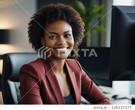 A joyful black business woman is seated at her desk in a contemporary office, displaying radiant confidence Generative AI A joyful black business woman is seated at her desk in a contemporary office, displaying radiant confidence Generative AI 126235373