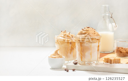 dalgona coffee, Recipe popular Korean drink latte with foam of instant coffee, banner, menu, recipe place for text 126235527