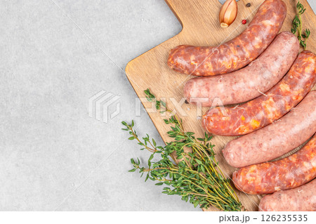 different types of raw barbecue sausages. top view. copy space 126235535