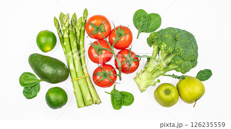 healthy vegetarian meal ingredients. Raw food concept. organic fruits and vegetables. Vegan menu, top view, space for text 126235559