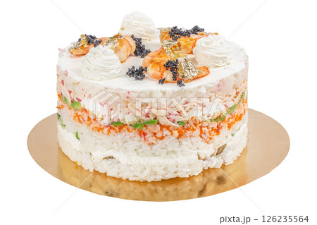 Salmon shrimp sushi cake isolated on white. Japanese cuisine 126235564