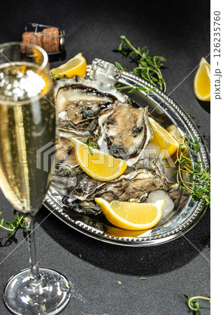champagne and oyster. Restaurant delicacy. Saltwater oysters dish. vertical image. top view. place for text 126235760