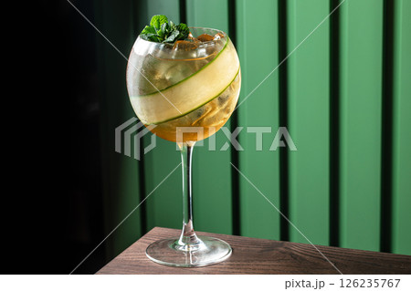 Cocktail Gin with Cucumber. Alcoholic cocktail in wine glass with alcohol, cucumber slices and ice cubes Cocktail Gin with Cucumber. Alcoholic cocktail in wine glass with alcohol, cucumber slices and ice cubes 126235767