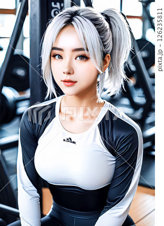 スポーツクラブで自撮りする若い女性　フィットネスファン 　ヨガをする女性　[AI生成画像] 126235811