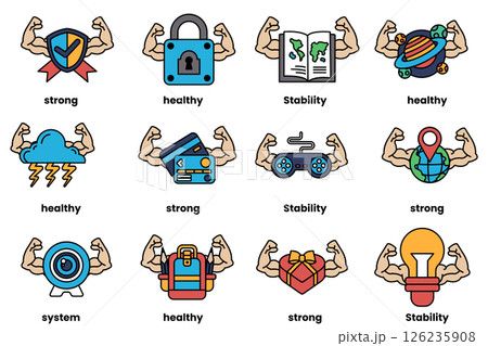 Set of illustrations in the concept of various equipment with arms in a line drawing style Set of illustrations in the concept of various equipment with arms in a line drawing style 126235908