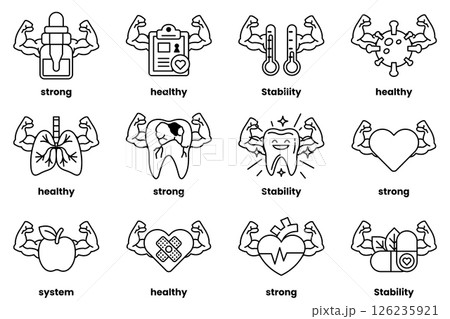 Set of illustrations in the concept of various equipment with arms in a line drawing style 126235921