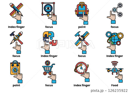 set of images of hands pointing at various things in a line drawing style set of images of hands pointing at various things in a line drawing style 126235922