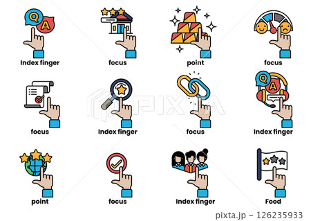 set of images of hands pointing at various things in a line drawing style set of images of hands pointing at various things in a line drawing style 126235933