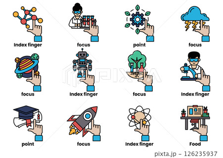 set of images of hands pointing at various things in a line drawing style set of images of hands pointing at various things in a line drawing style 126235937