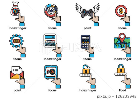 set of images of hands pointing at various things in a line drawing style set of images of hands pointing at various things in a line drawing style 126235948