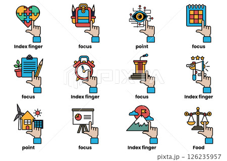set of images of hands pointing at various things in a line drawing style 126235957