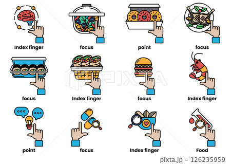 set of images of hands pointing at various things in a line drawing style 126235959