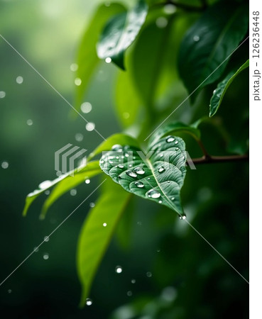 Lush green leaves dappled with raindrops thrive in a peaceful forest environment, showcasing nature's vibrancy during a gentle rainfall that enhances the atmosphere Generative AI Lush green leaves dappled with raindrops thrive in a peaceful forest environment, showcasing nature's vibrancy during a gentle rainfall that enhances the atmosphere Generative AI 126236448