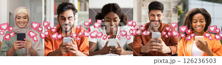 Five diverse individuals are smiling while using smartphones, surrounded by digital hearts representing likes or social media engagement. 126236503