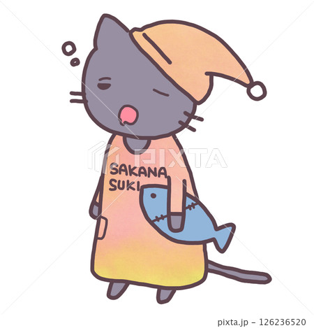 眠そうな顔のパジャマを着て魚のぬいぐるみを持った黒猫のキャラクター 眠そうな顔のパジャマを着て魚のぬいぐるみを持った黒猫のキャラクター 126236520
