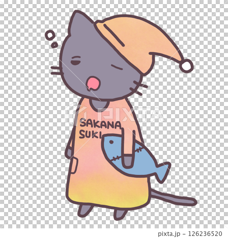 眠そうな顔のパジャマを着て魚のぬいぐるみを持った黒猫のキャラクター 眠そうな顔のパジャマを着て魚のぬいぐるみを持った黒猫のキャラクター 126236520