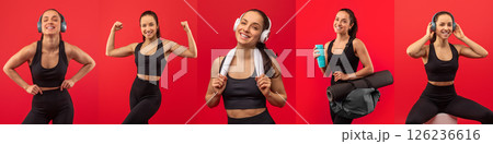 A young woman showcases her upbeat workout attitude in a studio with a red background. She smiles confidently with headphones on, promoting a healthy, energetic lifestyle. 126236616