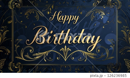 A vibrant blue backdrop features intricate gold designs showcasing heartfelt birthday greetings. 126236985