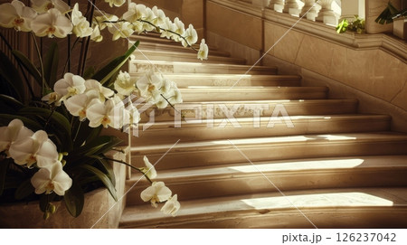 White orchids elegantly enhance the beauty of a sunlit marble staircase, creating a serene and inviting atmosphere. 126237042
