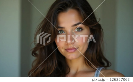 A young woman poses gracefully with a soft smile, her wavy hair framing her face and highlighting her captivating green eyes. She exudes confidence and warmth in a serene atmosphere Generative AI 126237062
