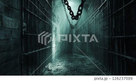 A haunting jail corridor featuring two dark cell doors, water pooling on the ground, and chains hanging from the ceiling, illuminated by a faint light filtering through the mist. 126237089