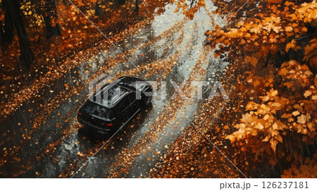 A black car is driving down a road in the middle of a forest. It is raining and the ground is covered in fallen leaves. The trees are bare and the sky is gray. 126237181