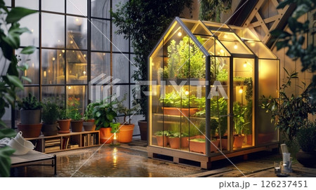 A small greenhouse sits inside a room with large windows, lit by warm lights. Plants grow inside the greenhouse. A small greenhouse sits inside a room with large windows, lit by warm lights. Plants grow inside the greenhouse. 126237451