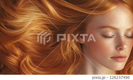 A young woman with long, vibrant red hair and freckles rests calmly, her eyes closed, surrounded by cascading locks in soft lighting. 126237490
