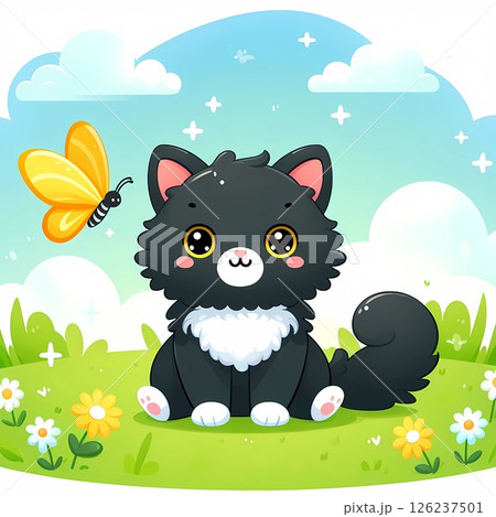 Cat Gazing at Butterfly. 126237501